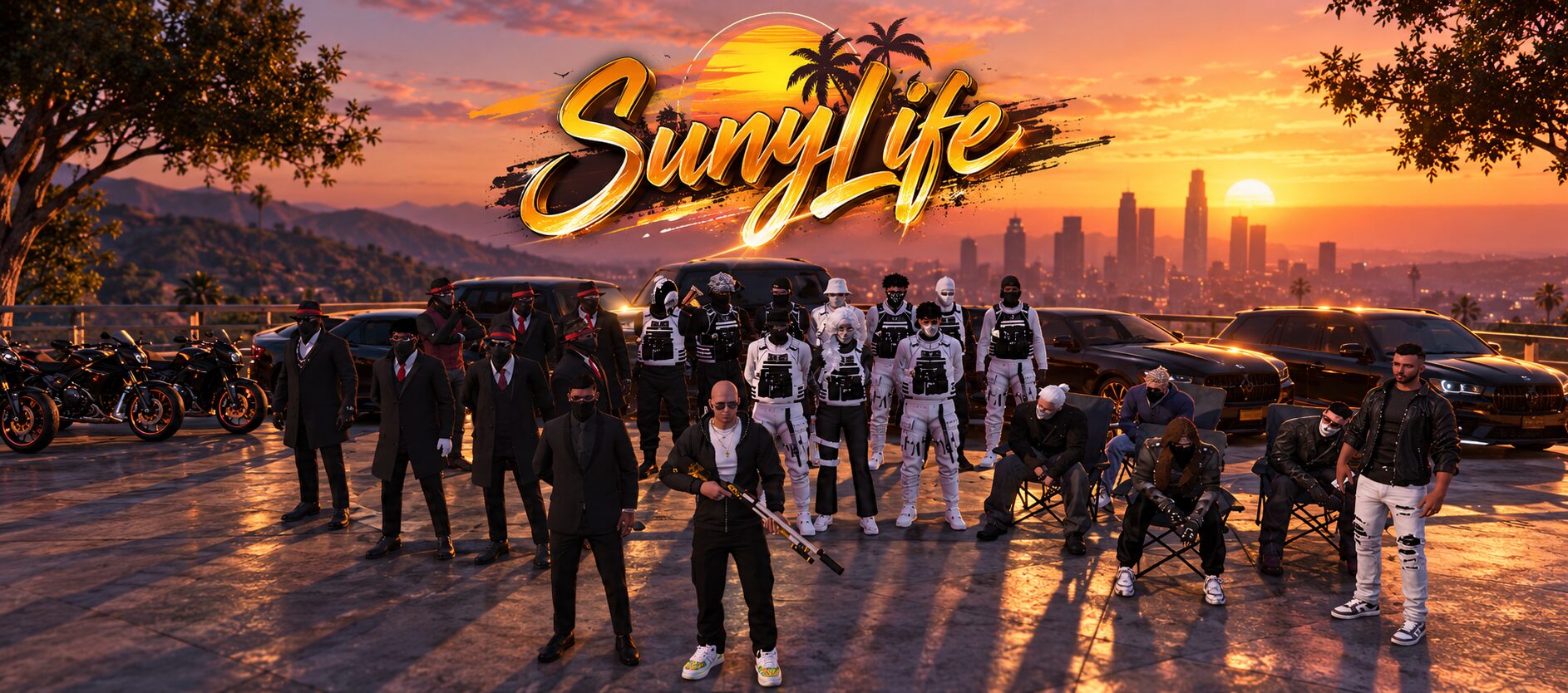 Les joueurs de SunyLife réunis au coucher du soleil au-dessus de Los Santos