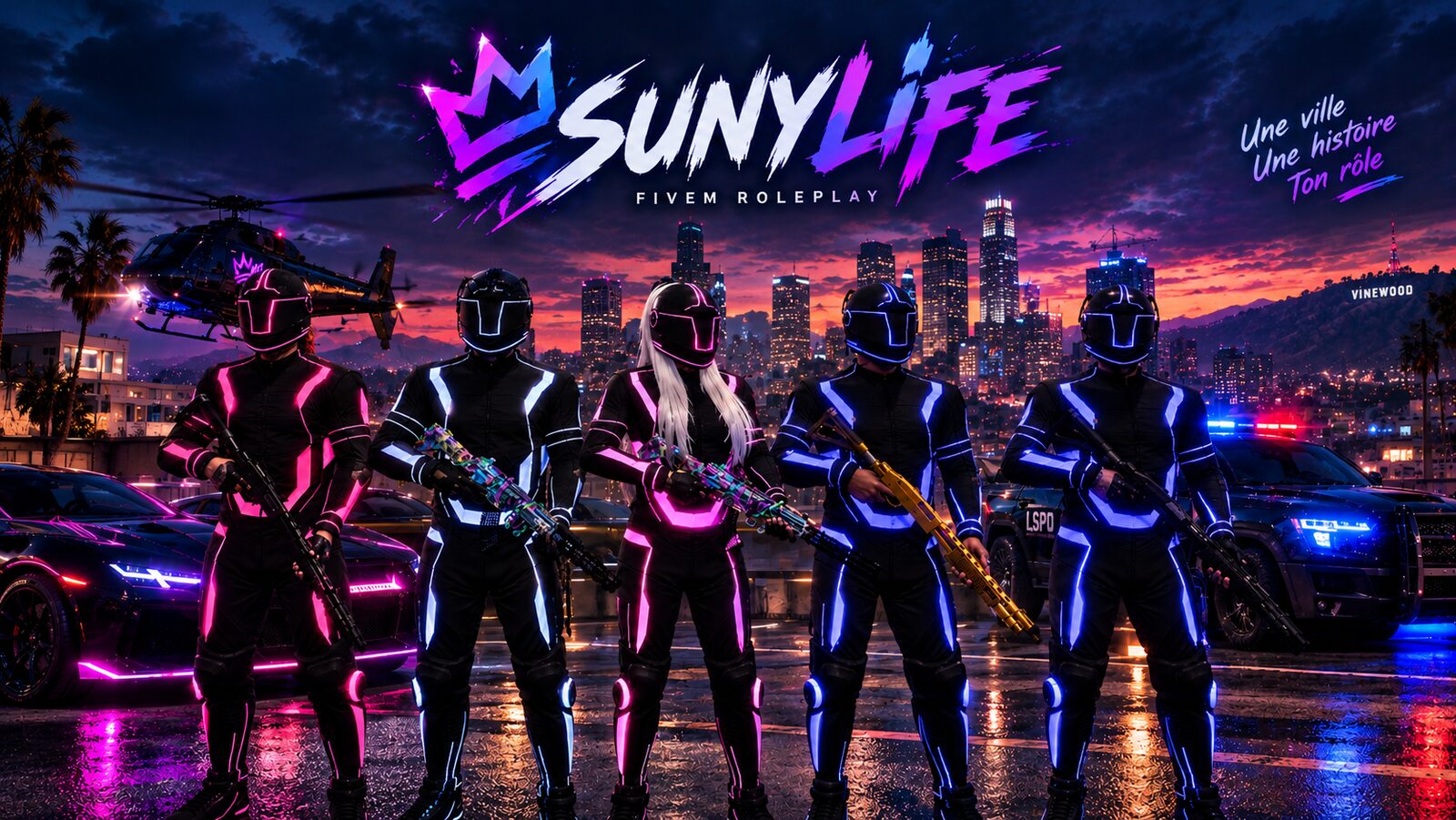Membres de SunyLife en combinaisons néon devant la skyline de Los Santos